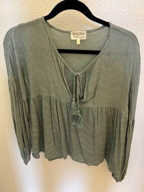 We The Free Sage Green Peasant Top with Tassel Tie